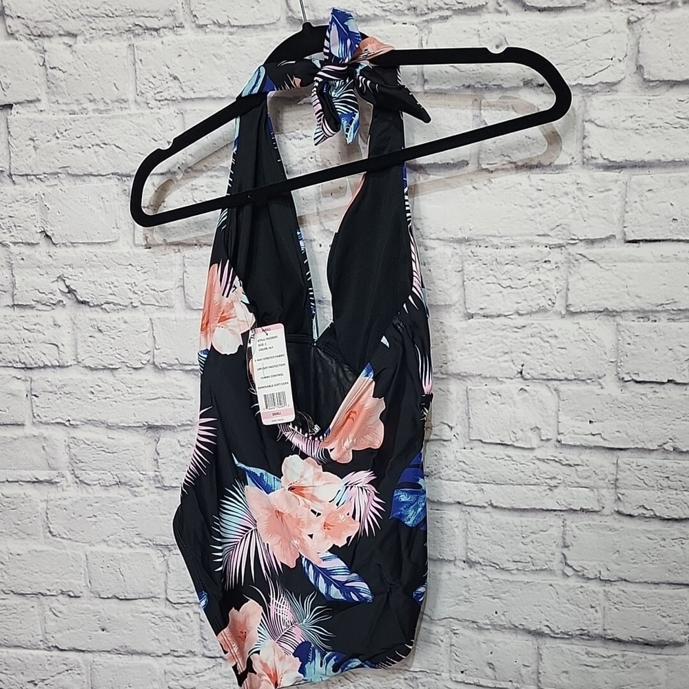 DKNY Women's Small One Piece Tummy Control Bathing Suit Black Floral  Halter NWT - Picture 3 of 7
